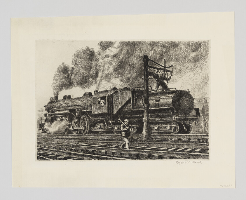 A detailed black and white etching of a steam locomotive on railroad tracks, billowing smoke into the air, with a figure standing to the left in the foreground, possibly a worker or conductor. The artist's signature, Reginald Marsh, is visible in the bottom right corner.