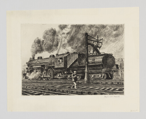 A steam locomotive emits smoke while a railroad worker crosses tracks near a signal.