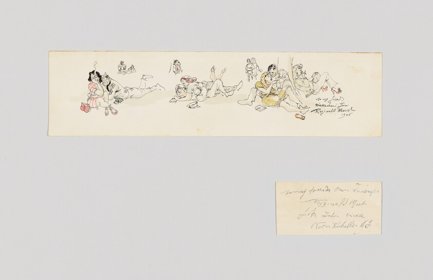 Several couples lounge and embrace in a loose ink and watercolor sketch across a narrow strip.