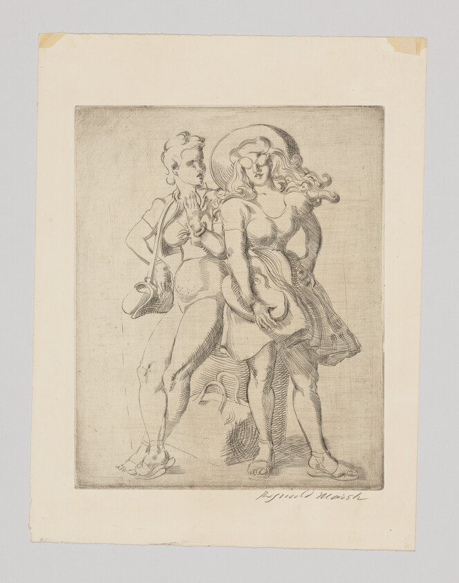 Two women stand together in flowing dresses, one holding a wide-brimmed hat at her waist.