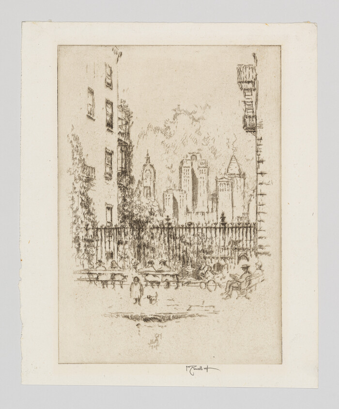 A small urban park with people on benches, a child and dog by a fence and city skyline beyond.