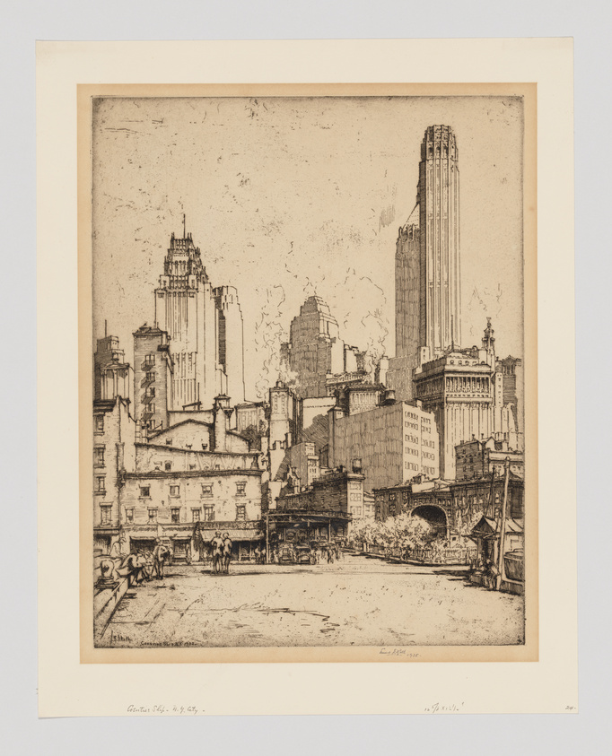 An etching depicting a bustling city scene with a mix of older, low-rise buildings in the foreground and towering skyscrapers in the background. The foreground shows people and horse-drawn carriages on the streets, while the background features the distinctive outlines of several high-rise buildings, suggesting a contrast between different eras within the city. The artwork is detailed, with shading and fine lines creating a sense of depth and texture. The print is mounted on a larger sheet of paper with some inscriptions at the bottom.