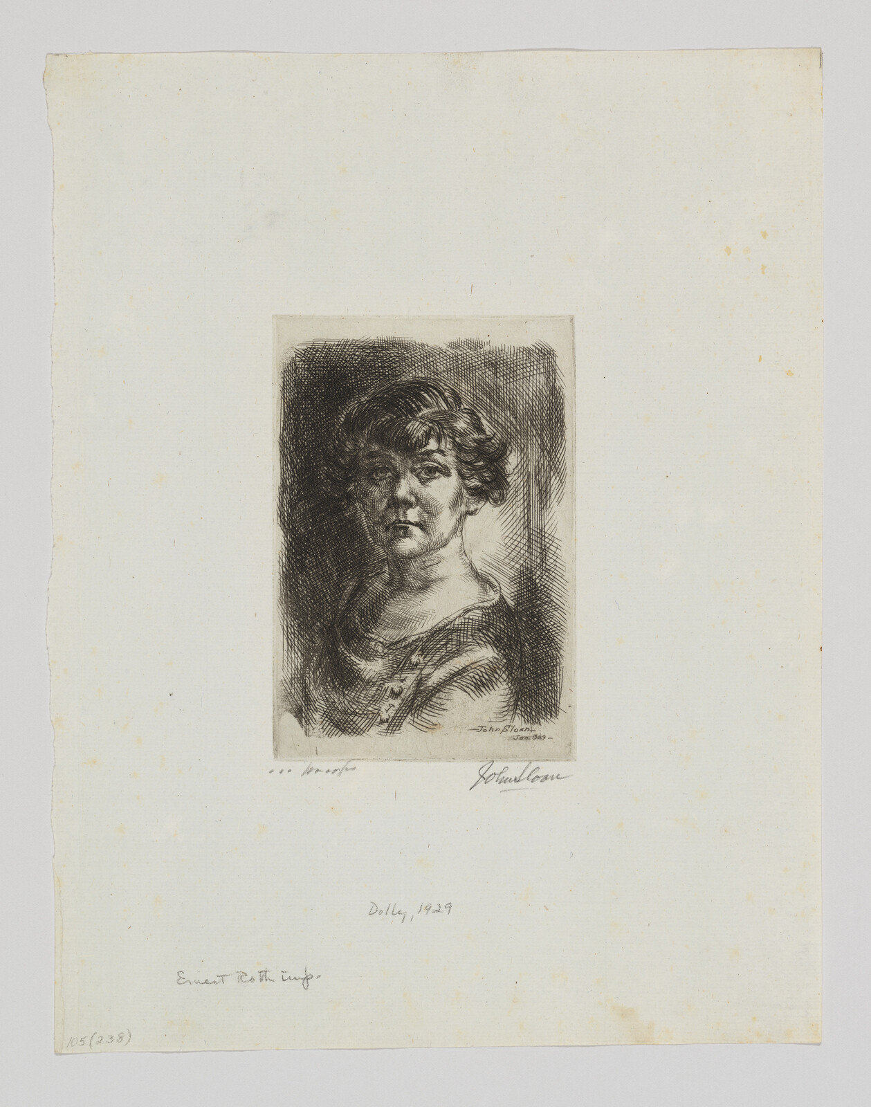 Etching of a woman's portrait by Käthe Kollwitz, signed and dated 1923, on aged paper with handwritten notes.