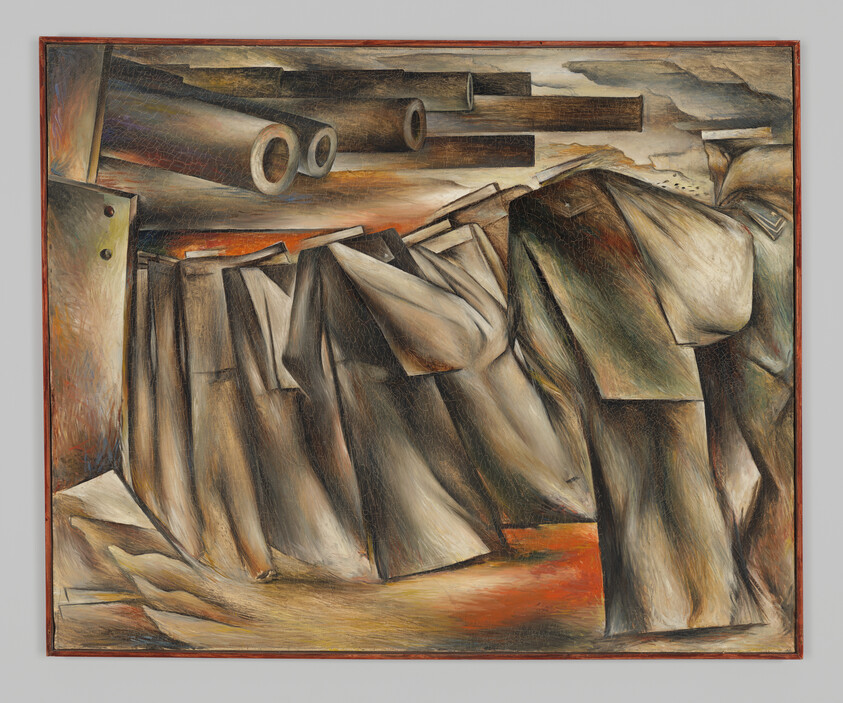 A painting depicting an abstract industrial landscape with geometric shapes representing machinery and draped forms, possibly fabric or metal sheets, in earthy tones of brown, beige, and orange, with a hint of blue sky in the background. The scene is framed within a reddish-brown border.
