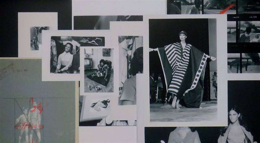 A collage of black and white photographs pinned to a wall, featuring various scenes including a prominent fashion model on a runway, people in casual settings, and close-up shots of shoes and sketches. Some photos are overlapped, creating a dynamic and textured visual display.