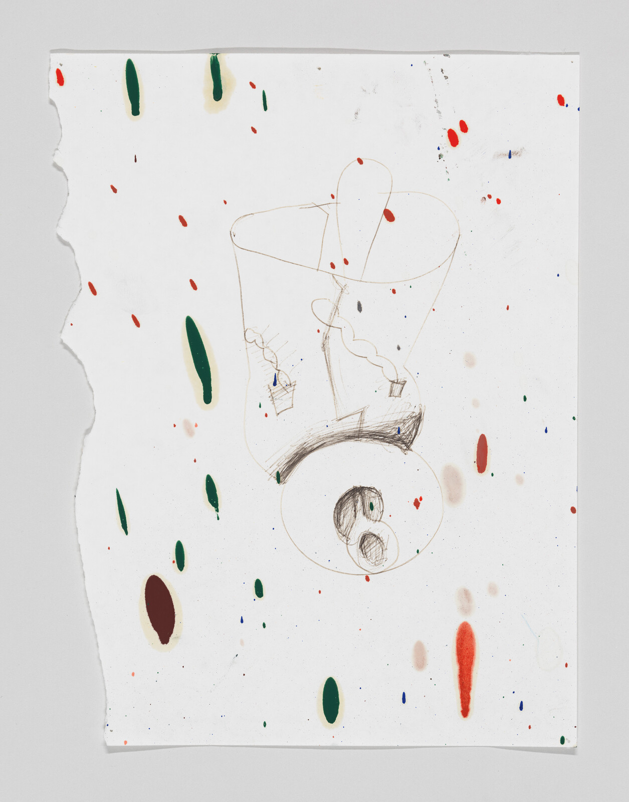 A pencil sketch of an overturned cup with scattered colorful paint droplets on torn paper.