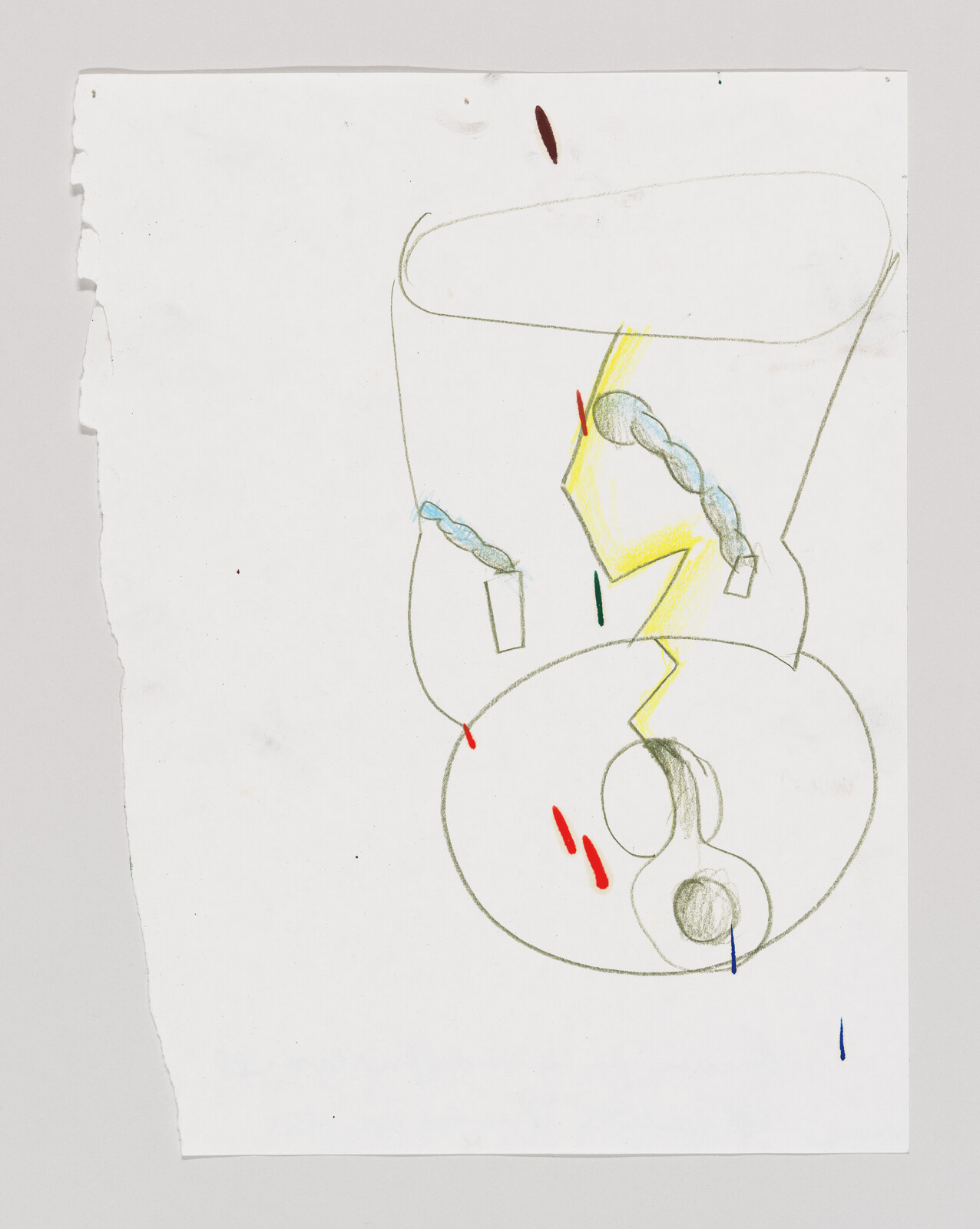 Crayon sketch of a broken vase with braided handles and a yellow lightning-shaped crack.