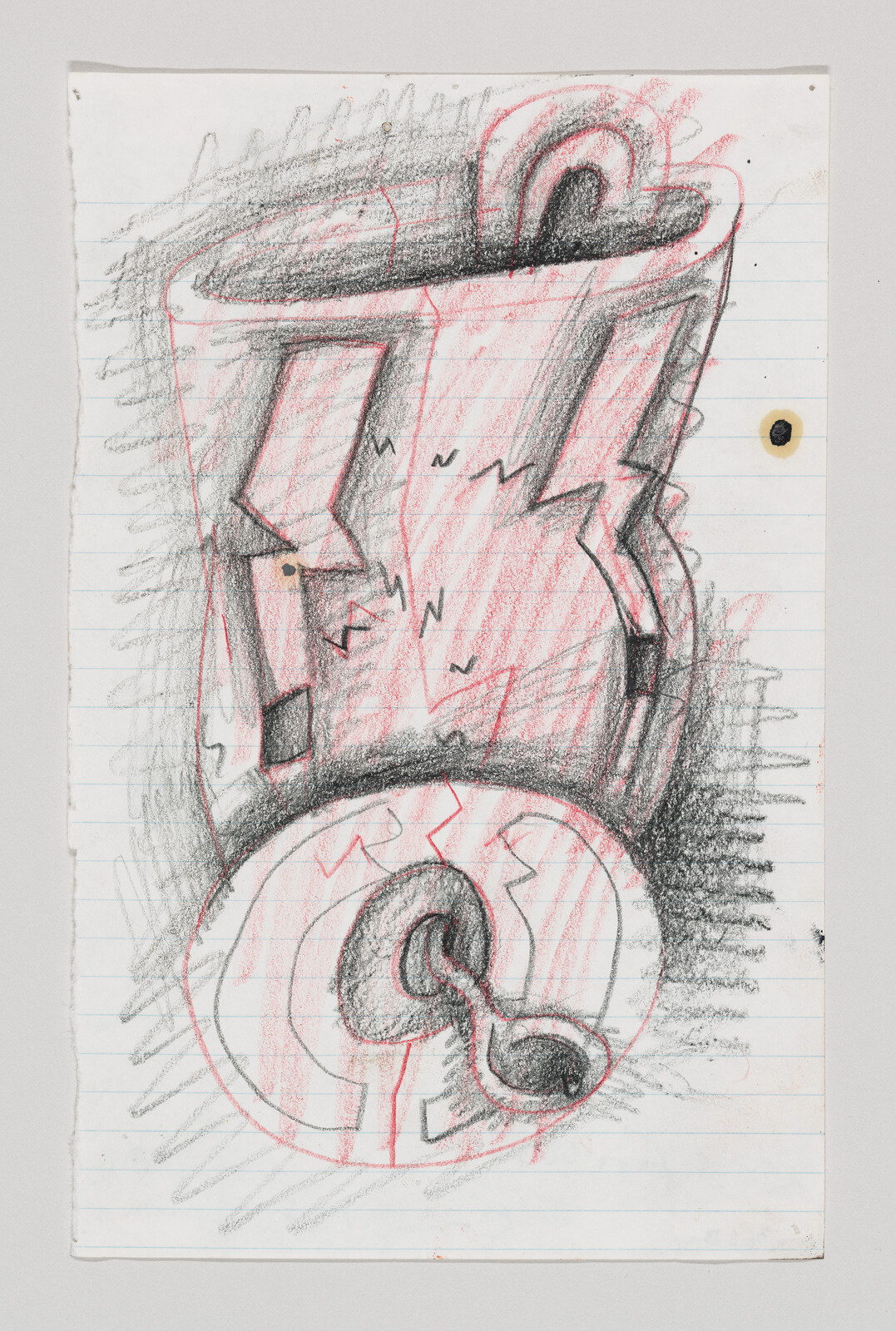 A sketch of a cracked ceramic mug and saucer with a spoon and spilled liquid on lined paper.