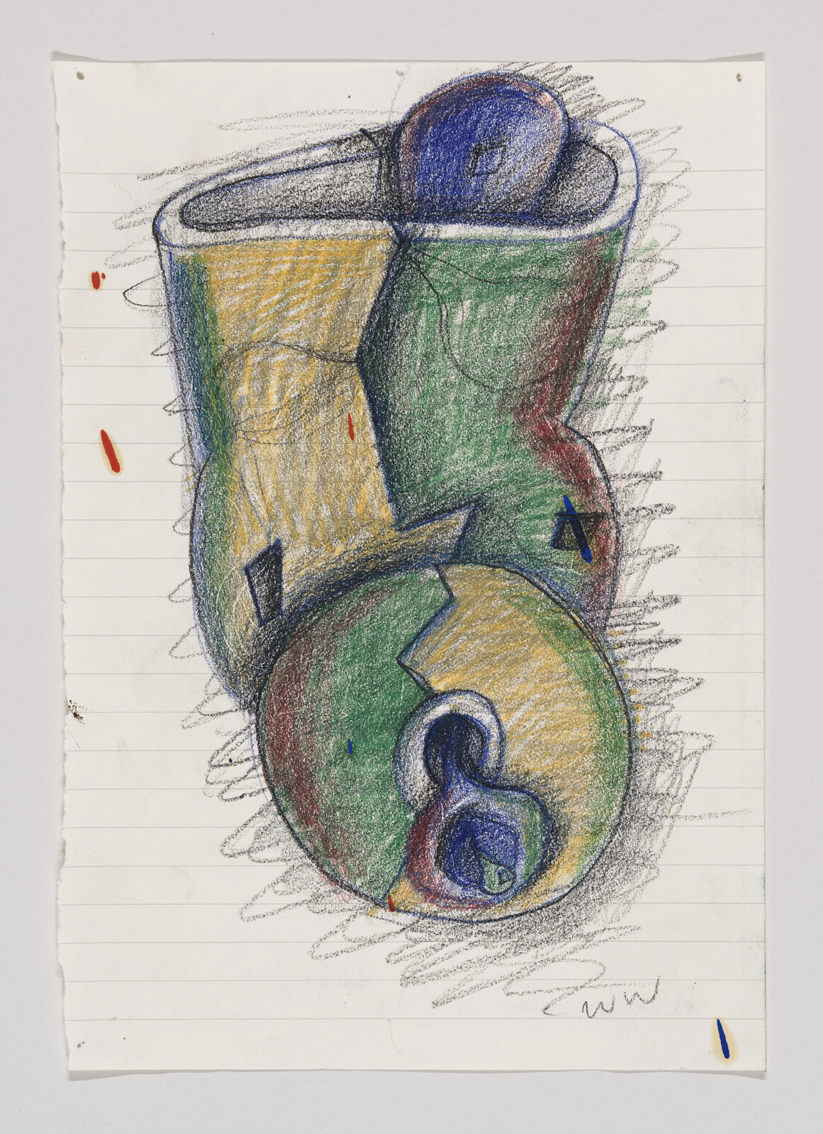 A colorful crayon drawing of two connected rounded shapes with blue circular highlights on lined paper.