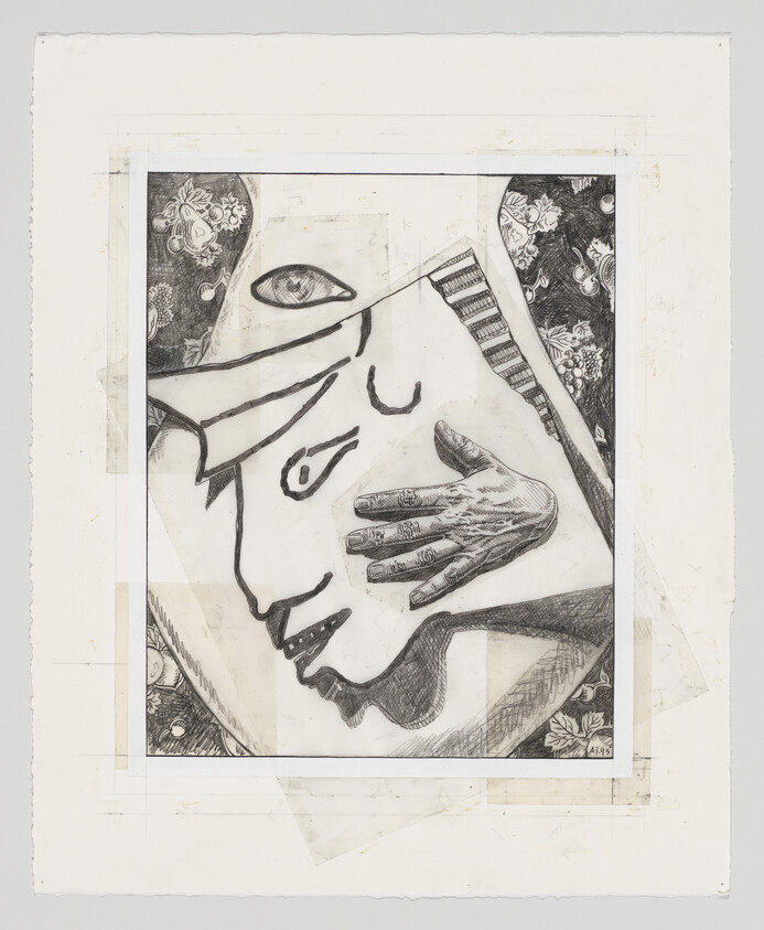 Stylized drawn face tilting with a realistic hand touching the cheek against patterned corners.