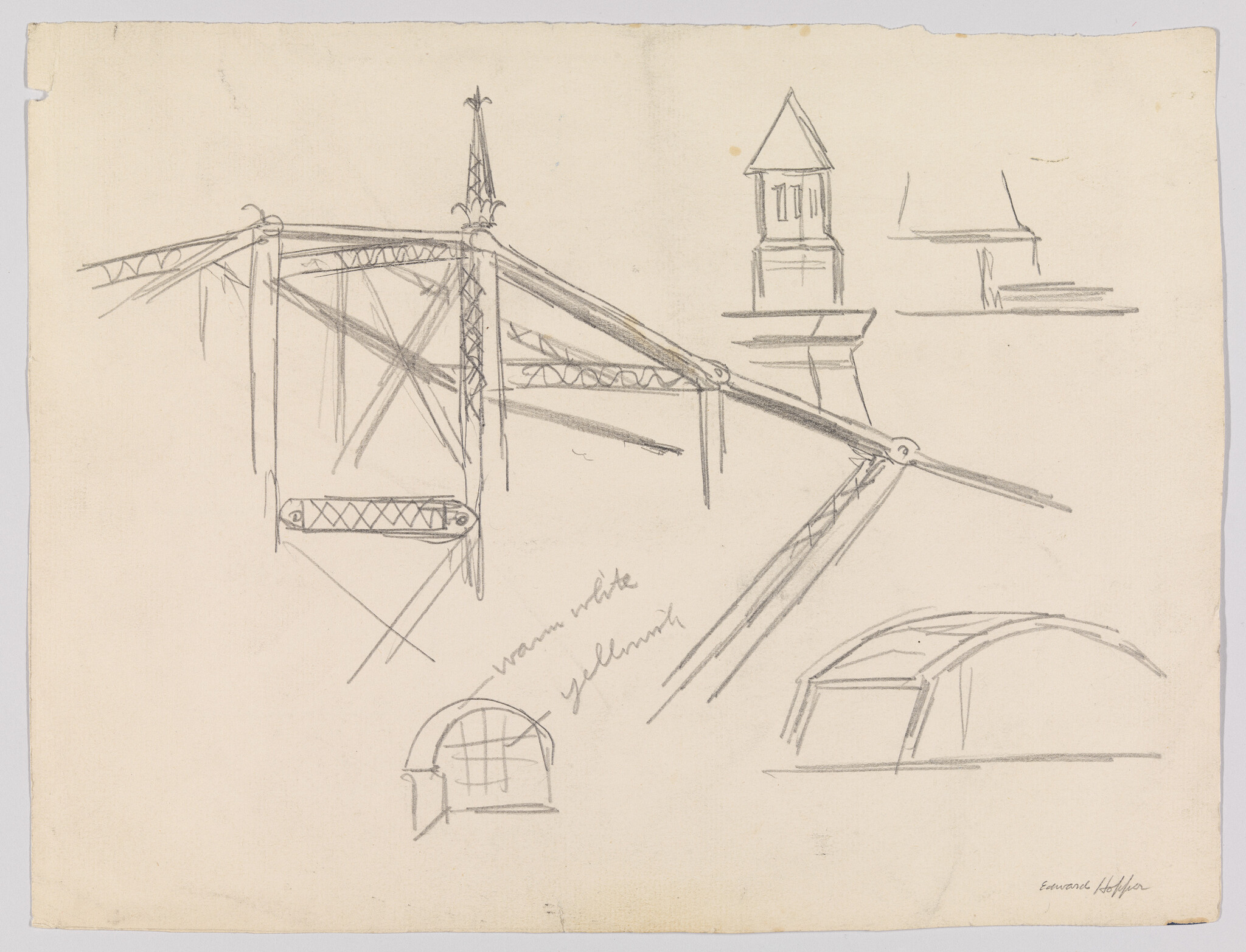 Pencil sketches of bridge trusses, towers, and arch studies on a sheet of paper.