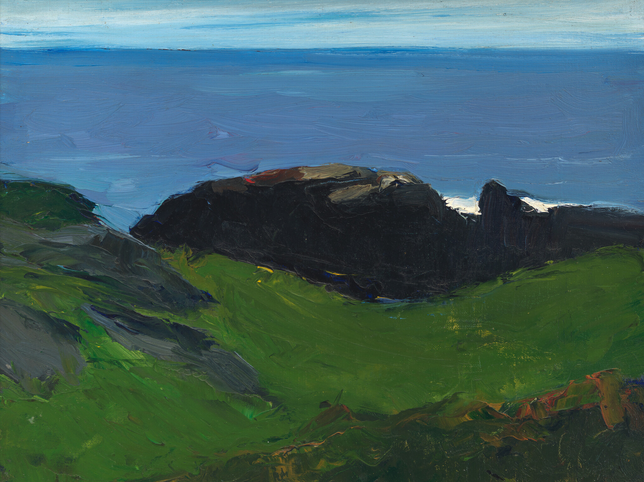 Green coastal hills lead to dark rocky cliffs with waves and a calm blue sea beyond.