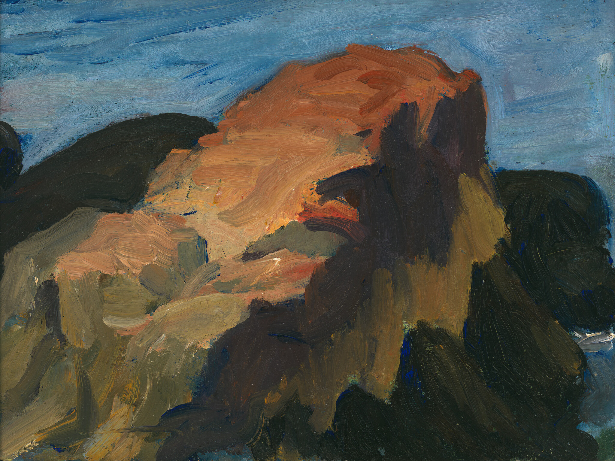Roughly painted rocky cliff with warm orange highlights under a cool blue sky.