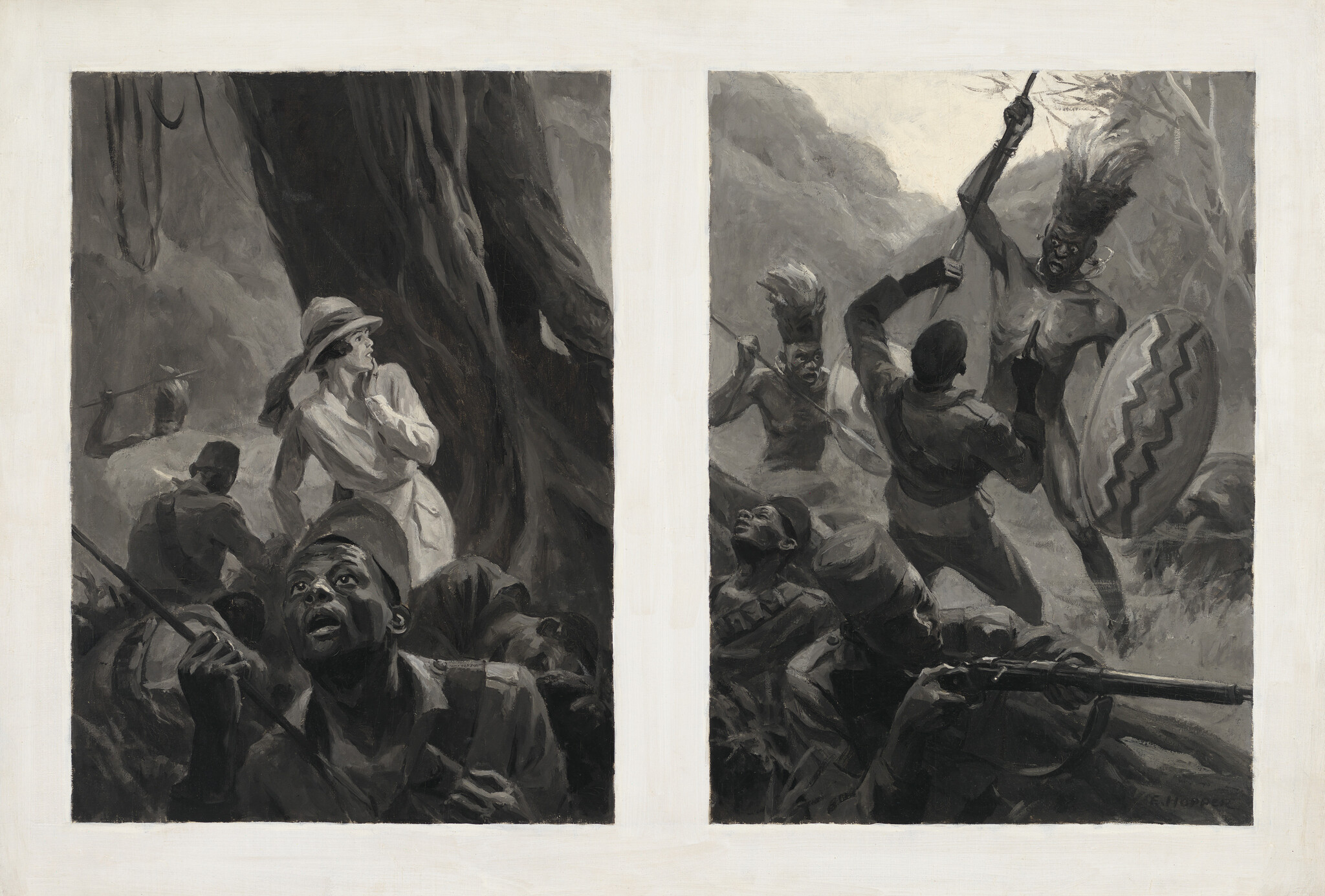 Soldiers and a woman hide behind trees while tribal warriors attack with spears and shield.