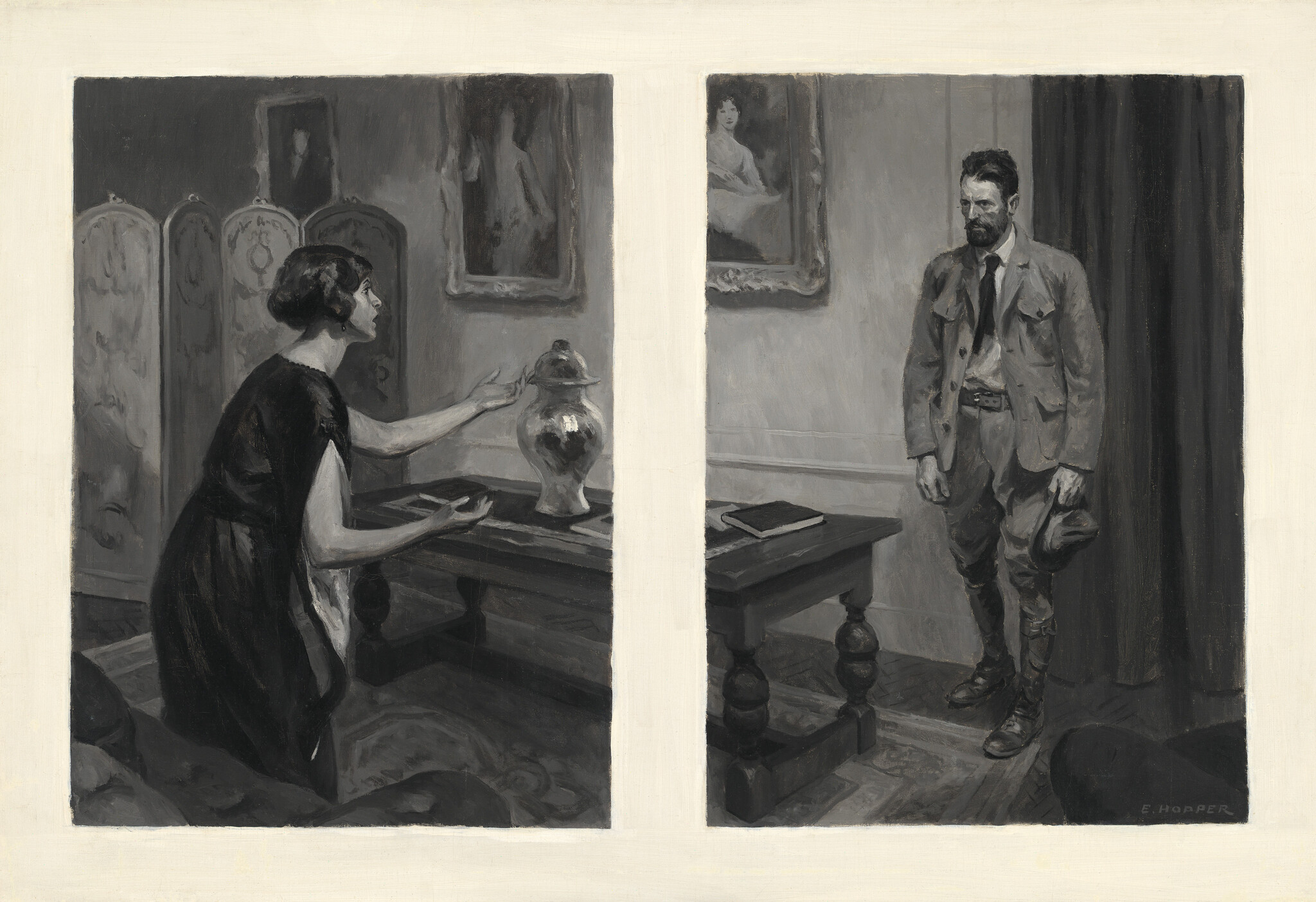 A woman reaches toward an urn on a table while a stern man stands nearby holding his hat.