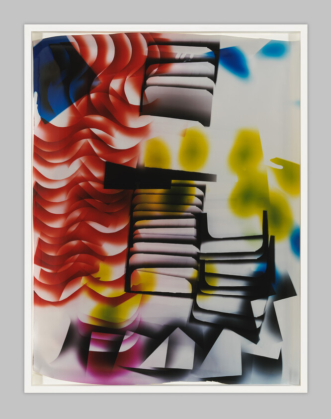 A framed abstract artwork featuring a dynamic composition of layered shapes and colors, including red wave-like patterns, black and grey geometric forms, and splashes of blue and yellow. The piece gives an impression of movement and depth, with a play of shadows and highlights.