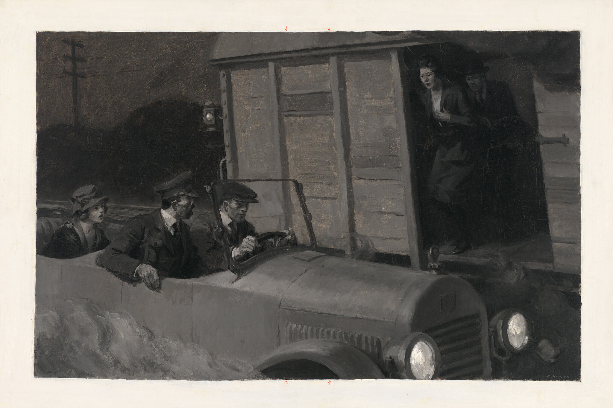 Three people in an open vintage car stop as a woman and man step out of a boxcar.