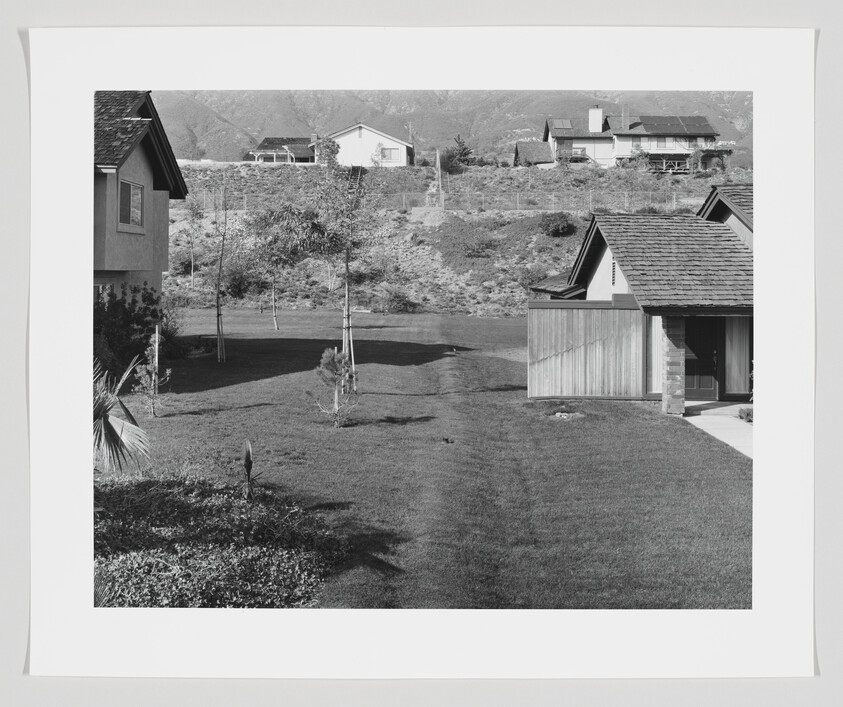 A narrow worn path runs through a grassy backyard between two suburban houses.