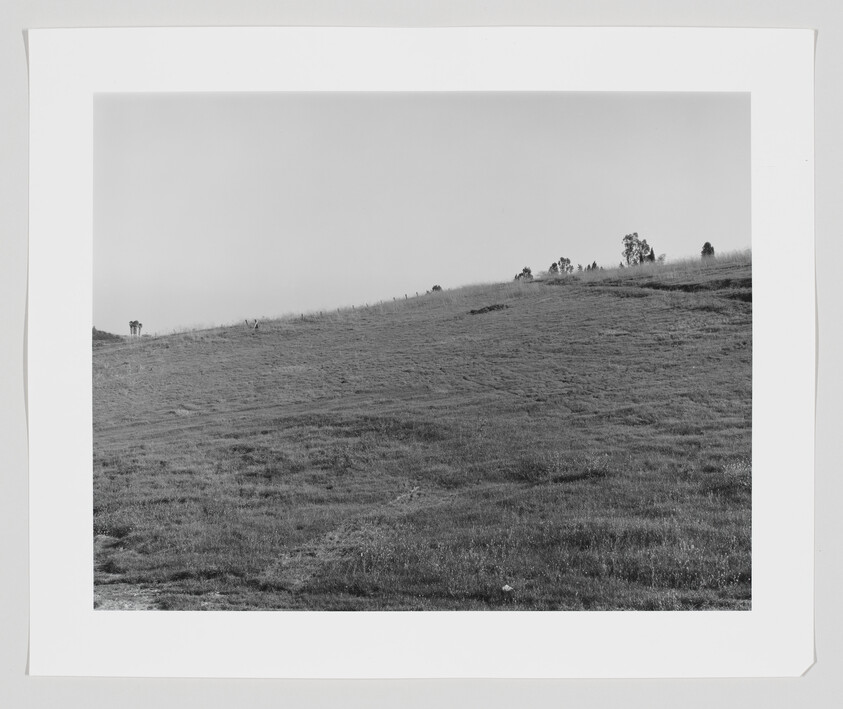 Two small figures stand near the ridge of a wide grassy hillside under a clear sky.