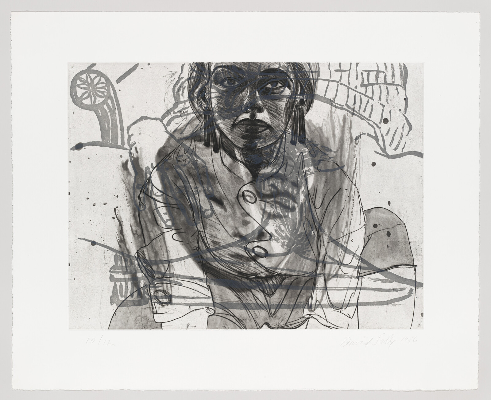 A seated woman stares forward in a layered black-and-white sketch with bold linework.