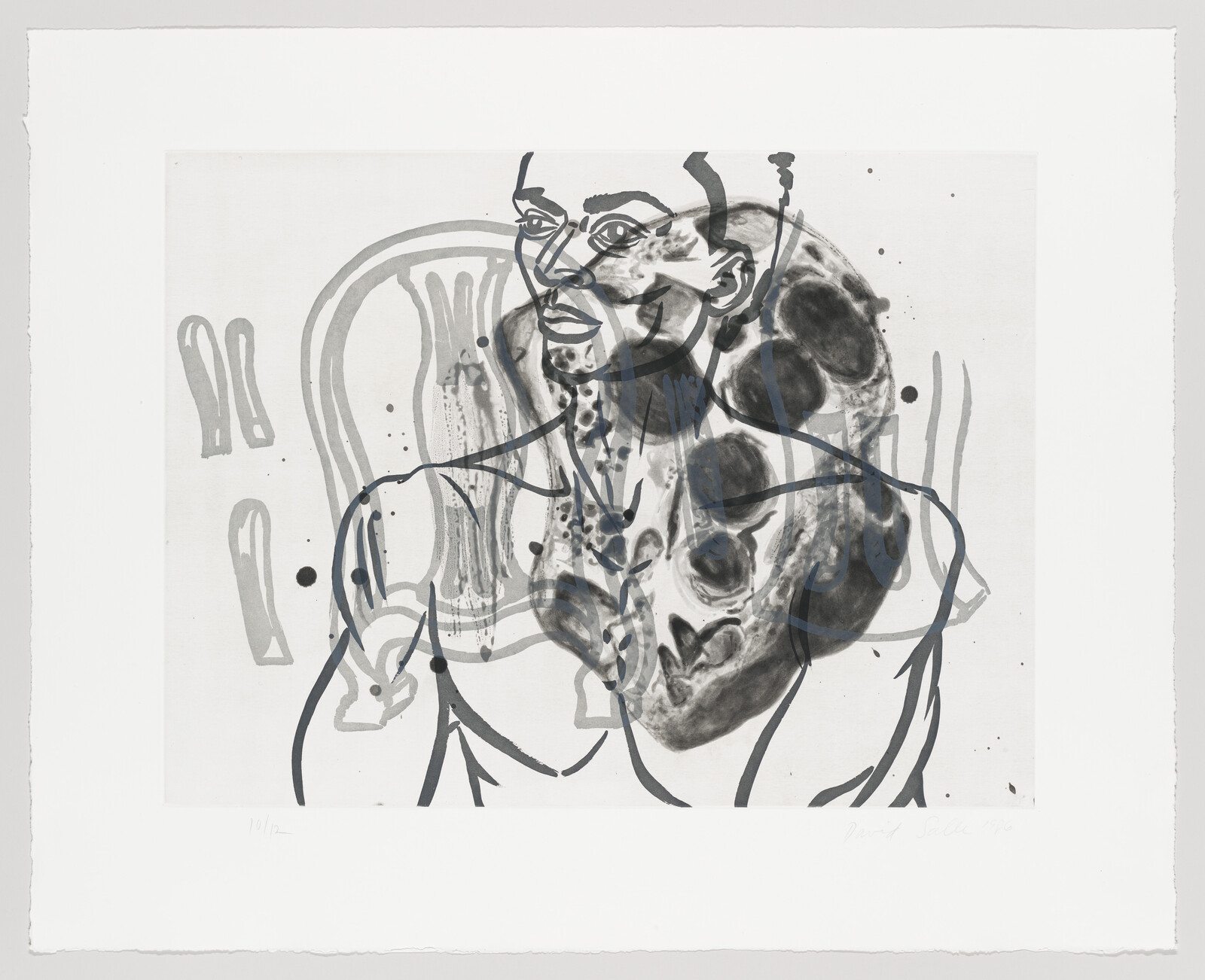 A black-and-white drawing shows a semi-abstract male torso and head overlapped with organic shapes.