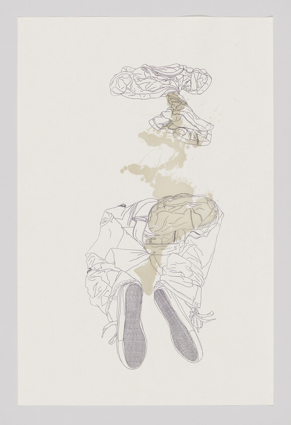 A drawn pair of shoes, pants, and shirts arranged vertically with a large brown stain.