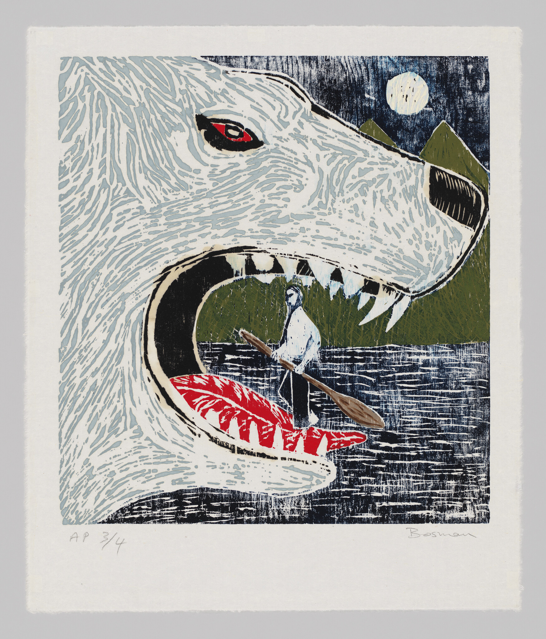 A giant wolf head opens its mouth while a person paddles a red canoe inside.