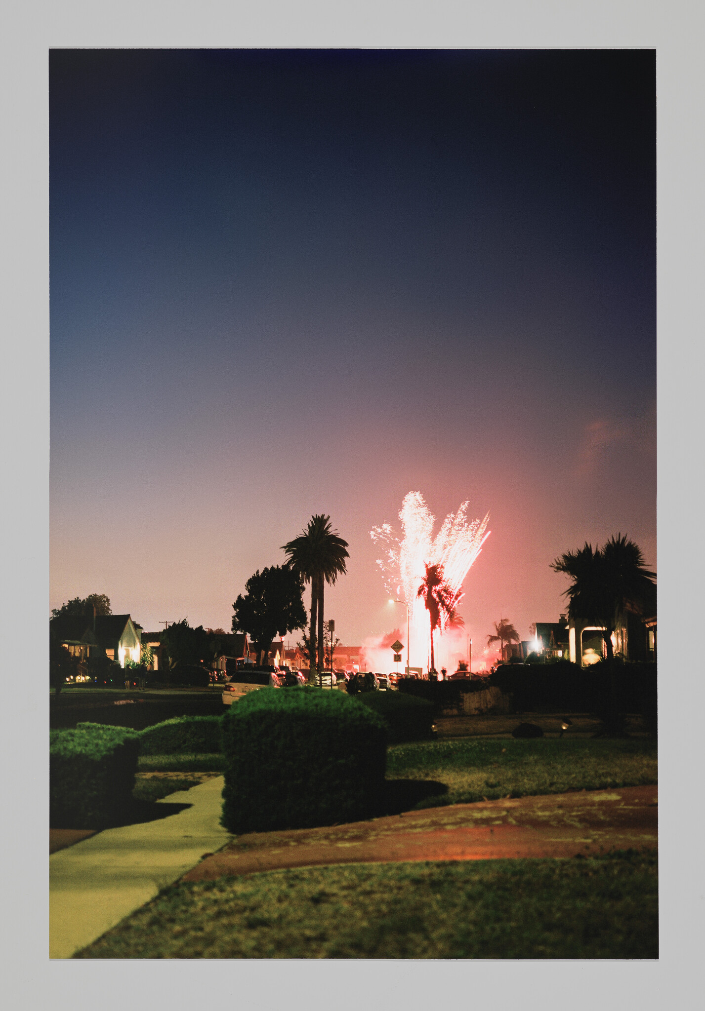 A nighttime scene with fireworks bursting in the sky above a residential area, with silhouettes of palm trees and houses against a dusky sky. The foreground shows a well-manicured garden with hedges and a pathway.
