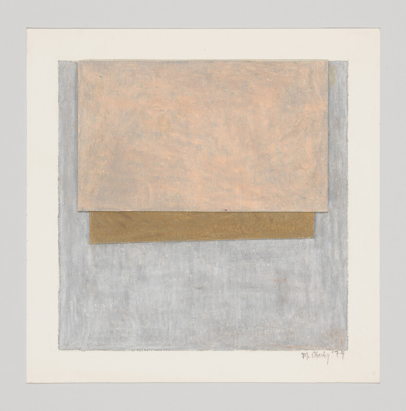 Three layered rectangles in beige, gold, and gray form a minimalist geometric composition.