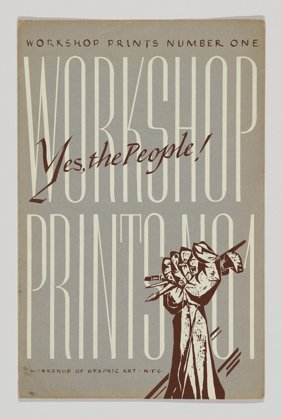 A raised fist clutching art tools with the slogan "Yes, the People!" over a workshop prints background.
