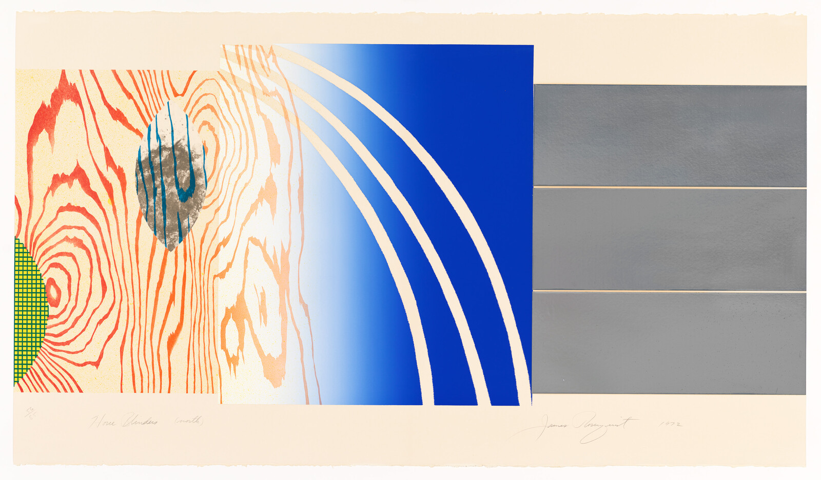 Abstract composition with wood-grain patterns, blue arcs sweeping into gray stacked panels on the right.