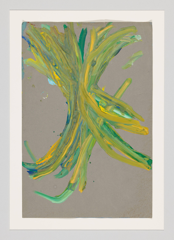 A vibrant abstract painting with thick, expressive yellow and green brushstrokes radiating from a central point on a grey background, framed with a white border.