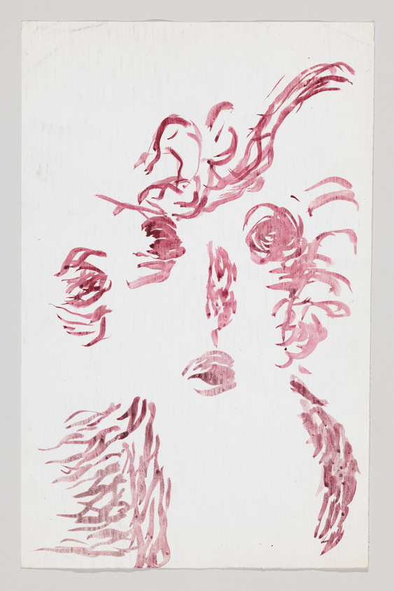 Abstract red brush strokes on a white canvas that suggest the form of a human face with fragmented features such as eyes, nose, and mouth dispersed across the surface.