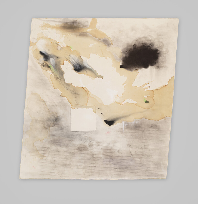 Abstract stained paper with beige and black ink washes, a white square, and faint horizontal lines.