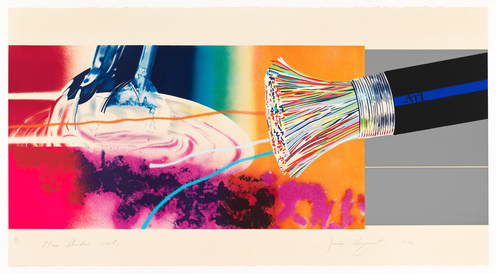 Colorful cut fiber-optic cable with many exposed strands pointing toward swirling liquid and bright abstract colors.