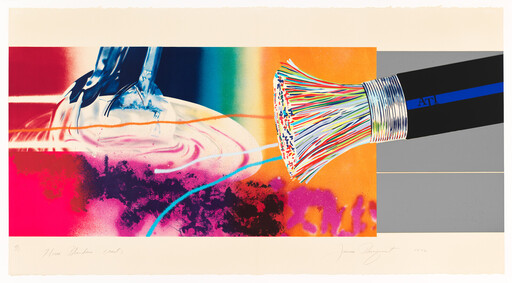 Colorful cut fiber-optic cable with many exposed strands pointing toward swirling liquid and bright abstract colors.