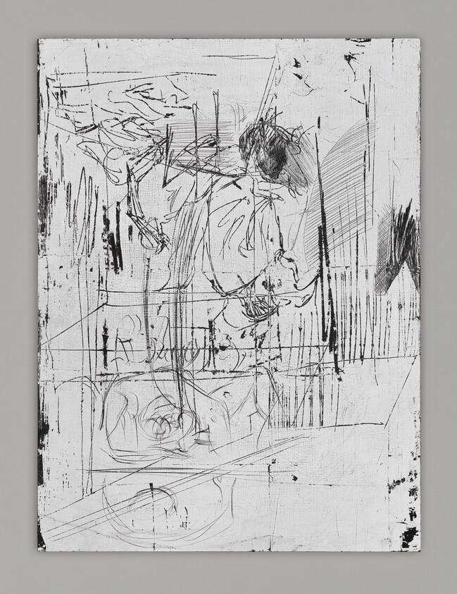 A monochromatic abstract painting featuring a variety of black lines, marks, and scribbles on a white canvas, creating a dynamic and expressive composition.