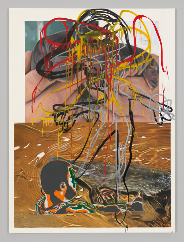 A contemporary artwork featuring a complex overlay of images and abstract elements. The background consists of a realistic painting of a hand holding a circular object, with a distorted reflection in water. Overlaid on this are energetic squiggles and drips of paint in red, yellow, and black, creating a sense of chaos and movement. A stylized, orange and green outlined figure of a head and arm appears to float in the lower section, adding to the surreal composition.