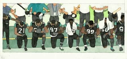 Animation still of Black football players taking a knee in front of a row of faceless white figures who remain standing