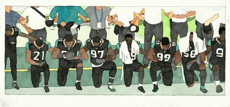 Animation still of Black football players taking a knee in front of a row of faceless white figures who remain standing