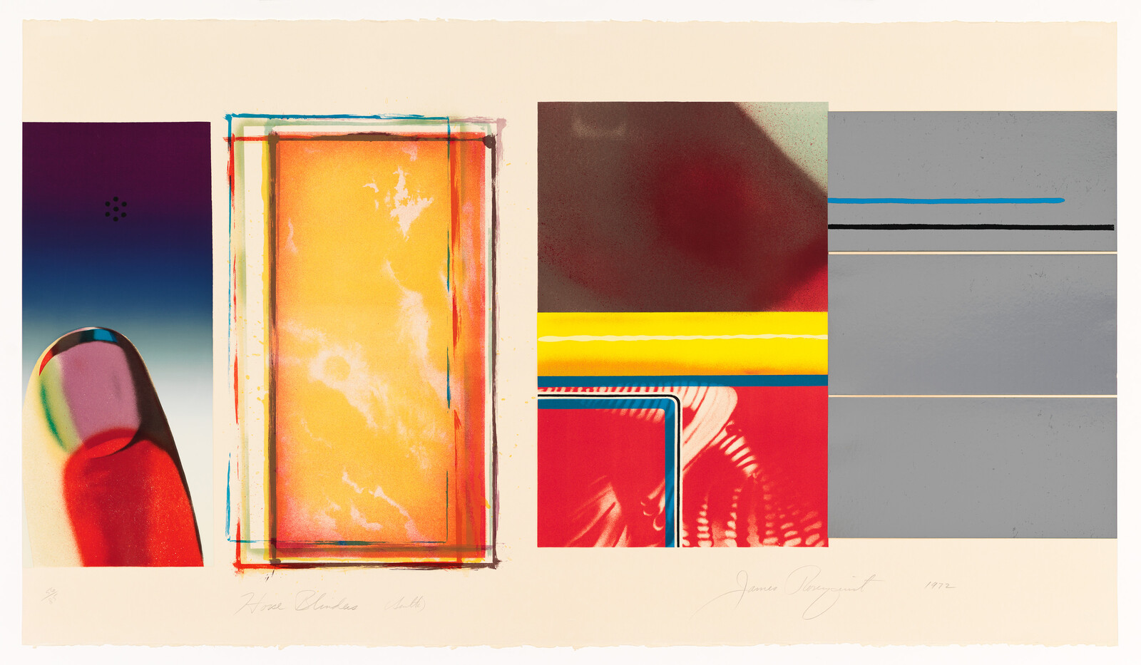 Four vertical abstract panels with bright colors and geometric shapes arranged across a cream background.