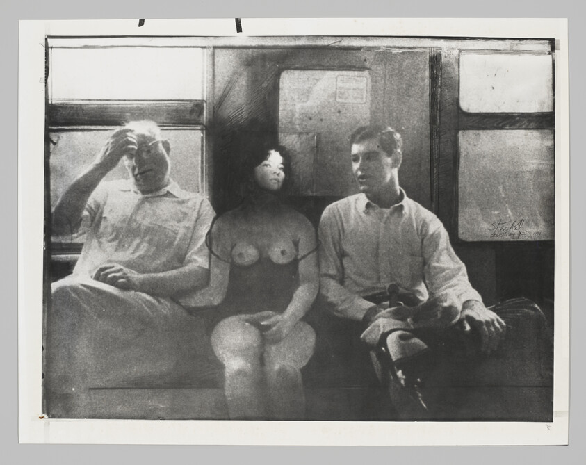 Three passengers sit on a subway bench, a nude woman between two men who react awkwardly.