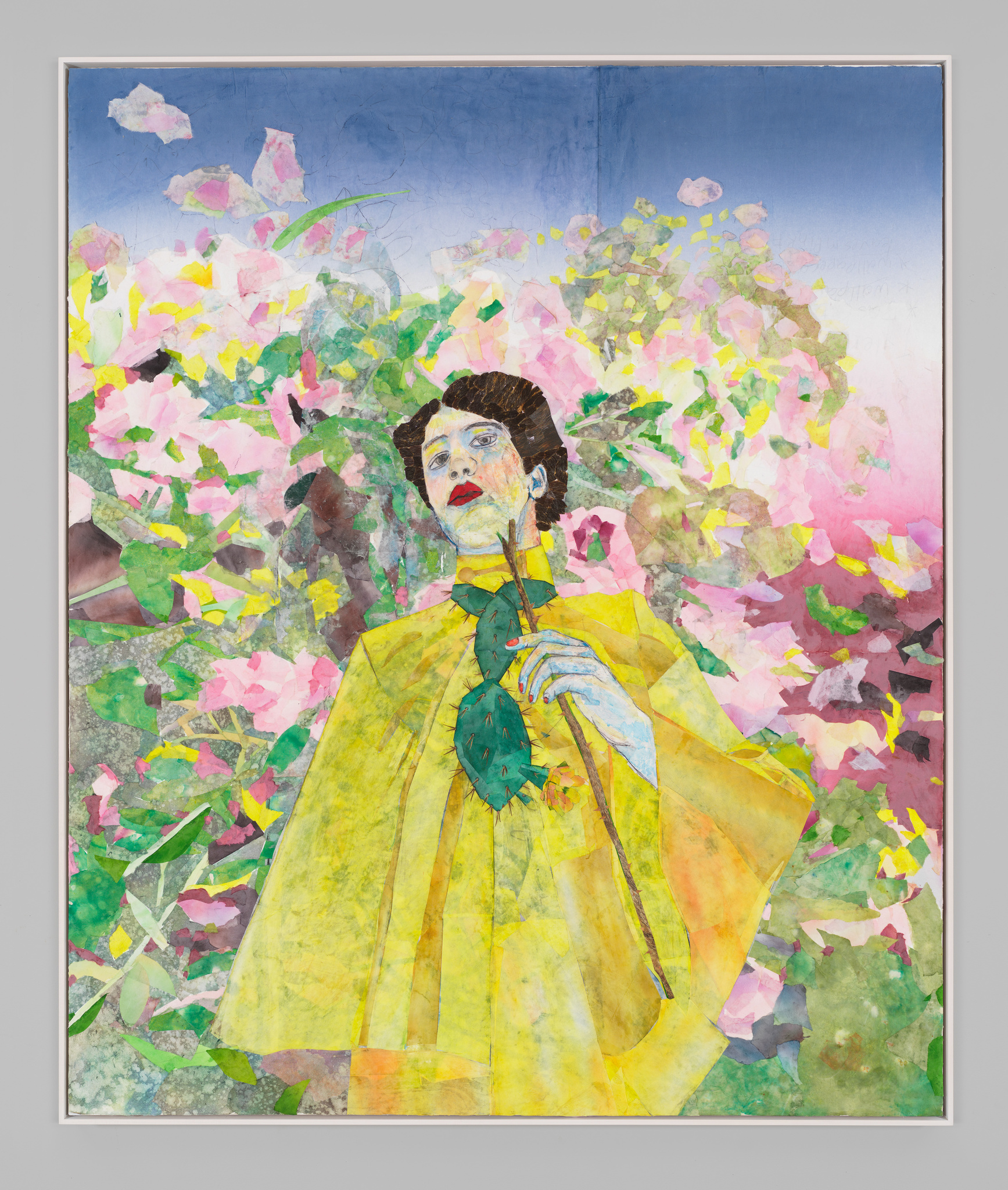 A figure with pale skin in a bright yellow blouse surrounded by flurries of pinks, greens, and yellows