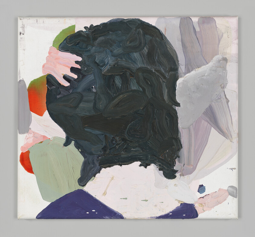 Thick dark brushstrokes form a central head-like shape against soft pastel shapes and background.