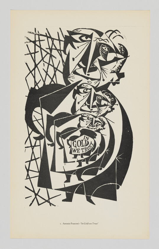 Abstract stacked figures holding a sign that reads "In Gold We Trust."