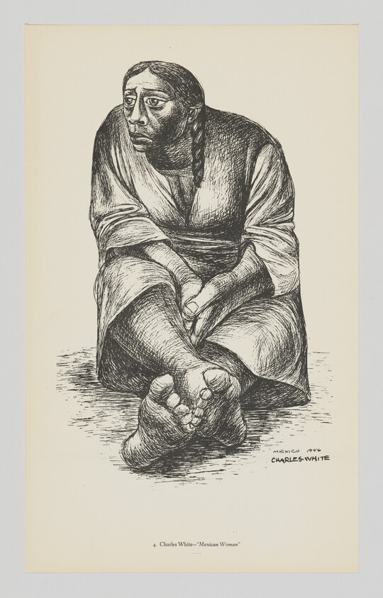 A seated barefoot woman with braided hair clasps her hands and looks pensively to the side.