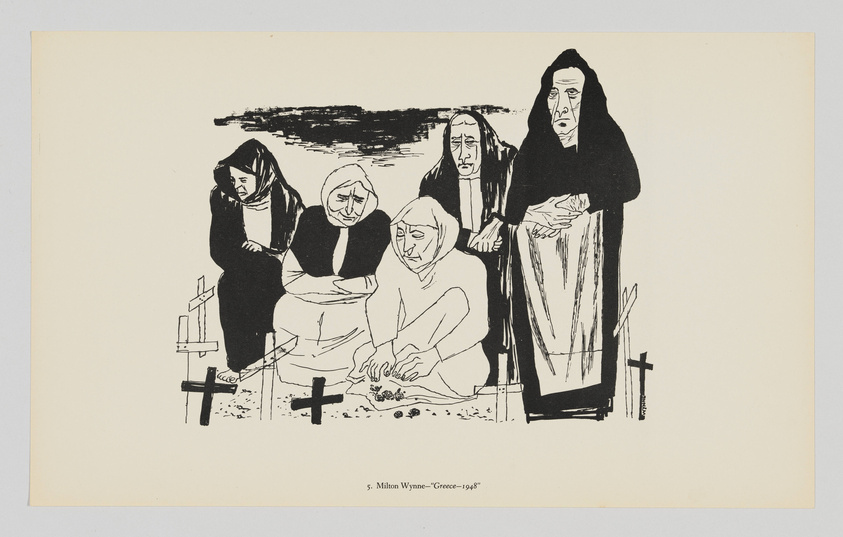 A black and white illustration depicting five somber figures, likely women, in mourning attire gathered around a gravesite with small crosses. One is seated on the ground placing stones on a grave, while the others stand or crouch nearby, expressing grief. The artwork is titled "Greece—1948" by Milton Wynne.