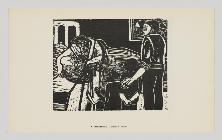 A family gathers as a mother cradles a baby while children and a father stand nearby.