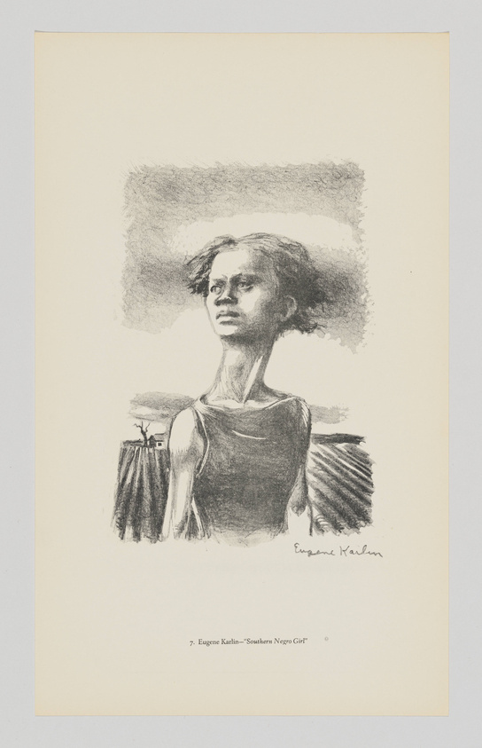 A pencil sketch of a young girl with a contemplative expression, looking off to the side. The artwork is signed by Eugene Karlin and titled "Southern Negro Girl." The drawing is detailed, capturing the light and shadows on the girl's face and dress, with a rough, sketchy background that fades into the blank page.