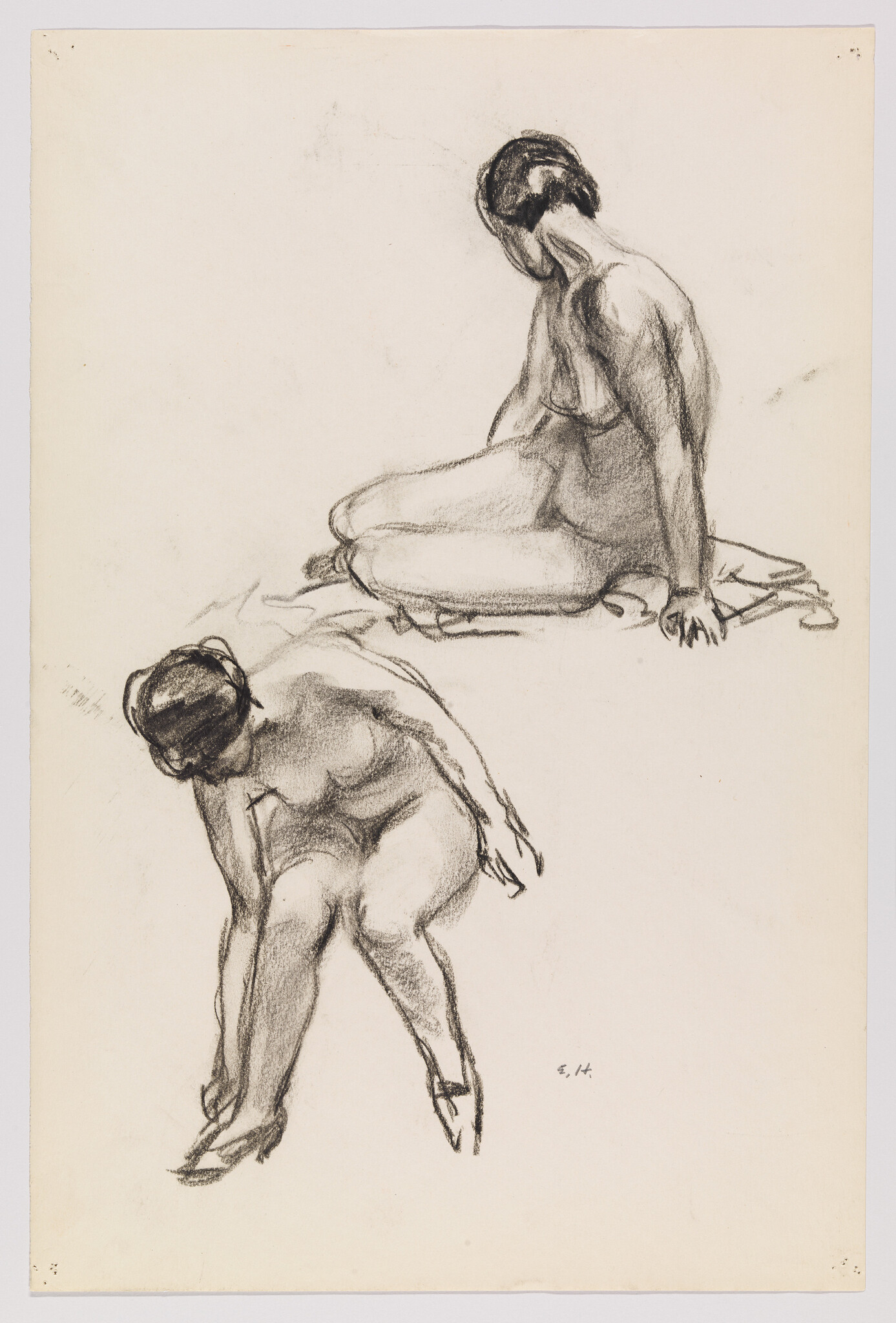 Two charcoal sketches of a seated nude woman in different poses, one leaning forward adjusting her foot.